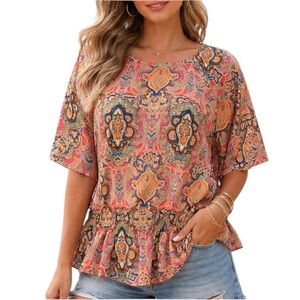 Angie Boho Paisley Smocked Waist Kimono Sleeve Top Blouse Multicolor Size Medium